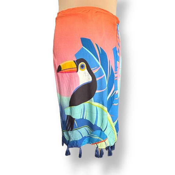 Farm Rio Tropical Toucan Sarong Skirt Tassel Hem Ombre Sunset Wrap Fringe Size P - Picture 12 of 12
